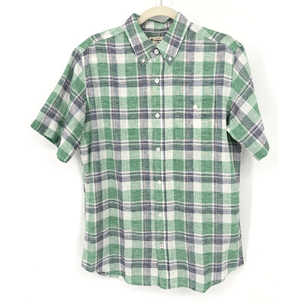 Weatherproof Vintage Shirt Mens M Green Blue Plaid Washable Linen Button‎ Up